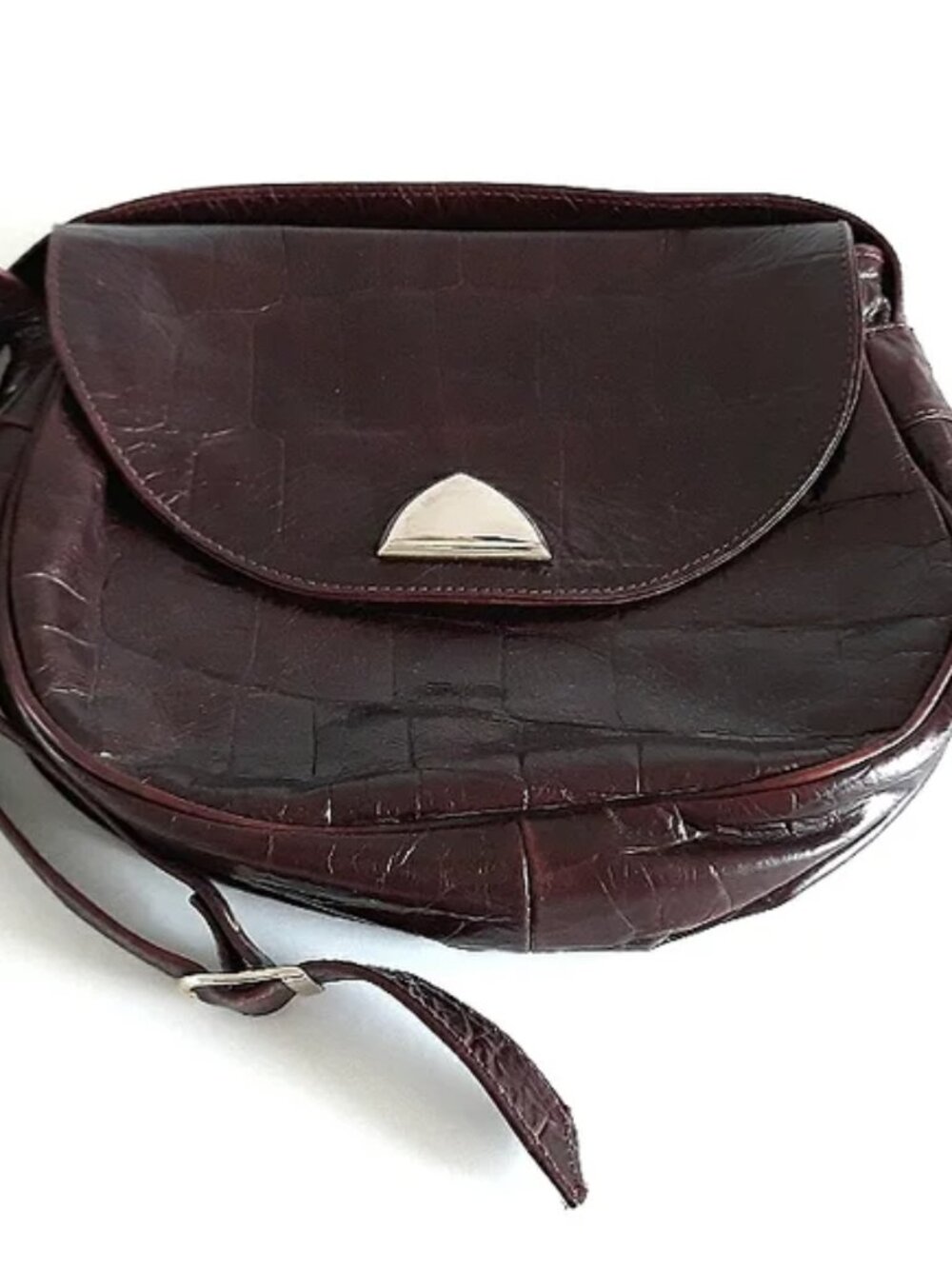 90s Lisa Berlini Italian Croc-Embossed Burgundy Leather Shoulder Bag